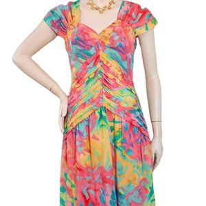 1980s Vintage Silk Designer Fitted Cocktail Dress With Multi Color Flowers Small